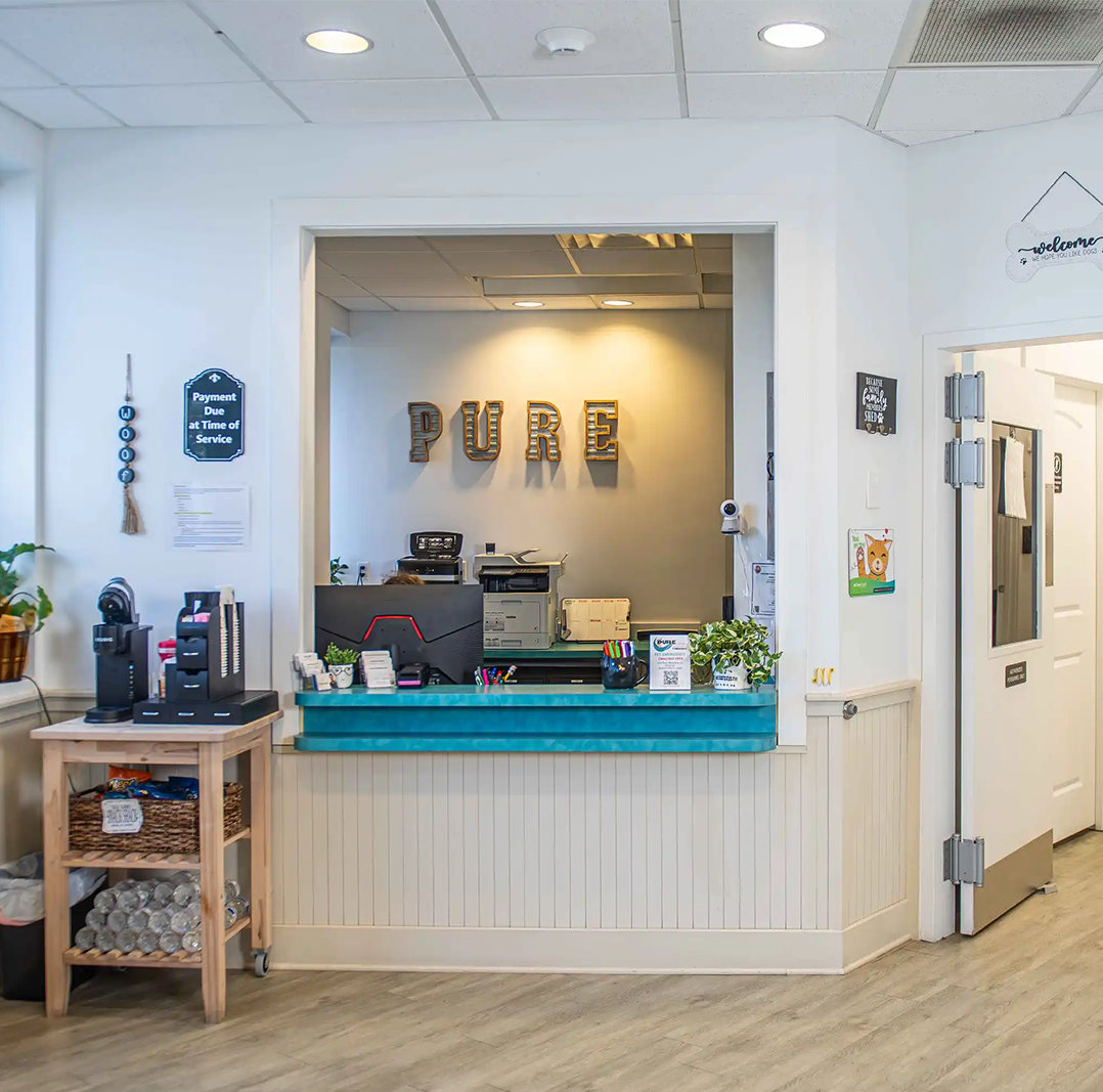 Clean and welcoming veterinary clinic front desk with signage, coffee station, and reception window – pet urgent response and emergency